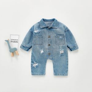 Baby Herfst Mode Japan Denim Jumpsuit Jongens En Meisjes Baby Lange Mouw Gebroken Gat Hatsuit Creeper Uitloper Rompertjes Kids Meisjes