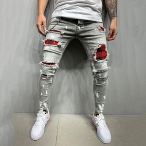 S-3XL Mannen Jeans Broek Denim Slim-Fit Ripped Broek Rechte Stiksels Plaid Broeken Verontruste N50