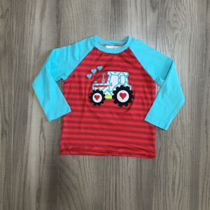 Girlymax Winter Jongens Valentijnsdag Tractor Geborduurde Raglan Baby Lange Mouw Streep Rode Top