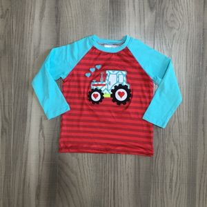 Girlymax Winter Jongens Valentijnsdag Tractor Geborduurde Raglan Baby Lange Mouw Streep Rode Top