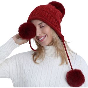 Vrouwen Winter Pluche Voering Dikke Kabel Gebreide Chenille Beanie Leuke Pompom Bal Oorklep Trapper Cap Effen Kleur Thermische Fuzzy