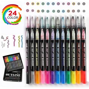 Overzicht Metallic Markers, dubbele Lijn Magic Shimmer Verf Pennen Set Van 12 Voor Kids Volwassenen Tekening Art Handtekening Coloring Journal