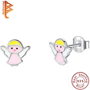 Belawang Kinderen Sieraden 925 Sterling Zilver Mooie Angel Stud Oorbellen Voor Kinderen Roze Emaille Kleine Oorbellen