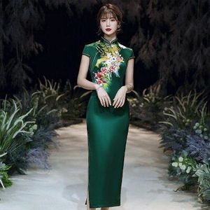 Sheng Coco Vrouwen Plus Size Groen Qipao Jurken Bloemen Hoge Split Qipao Jurk Slanke Lange Zijde Cheongsam 3XL 4XL 5XL