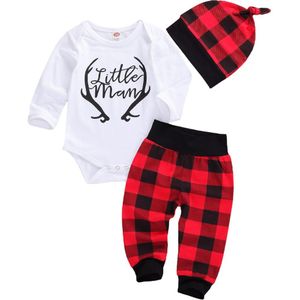 Baby Jongens Meisjes 3Pcs Casual Outfits Suits Lange Mouwen Cartoon Brief Gedrukt Romper Top + Plaid Lange Broek + beanie Cap