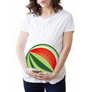 Grappige Moederschap Korte Mouw Tops Zwangerschap Shirts Ronde Hals T-shirt Waterlemon Print Wit Tees voor Verwachten Moeders Zomer