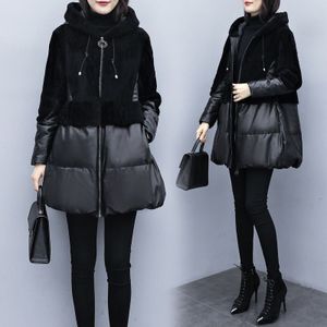 Toevallige Zwarte Parka Vrouwen Mode Winter Patchwork Pu Lederen Jassen Vrouwen Elegante Lange Katoenen Jassen Vrouwelijke Dames