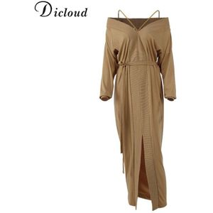 Dicloud Sexy Off Shoulder Strap Lange Jurk Herfst Winter Womne Gebreide Patchwork Midi Jurk Met Riem Lange Mouwen Kleding