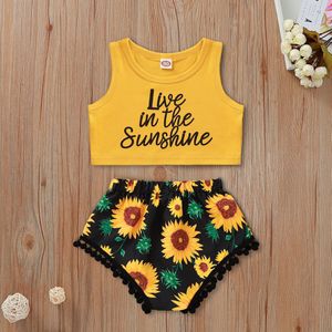 Schattige Baby Meisjes Badmode Brief Print Vest Crop Tops + Zonnebloem Kwastje Bal Ruches Shorts 2 Stuks Outfits