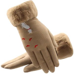 Winter Vrouwen Handschoenen Touch Screen Pols Handschoenen Voor Dames Kat Borduurwerk Pluche Binnenkant Zachte Outdoor Warme Vrouwelijke Handschoenen