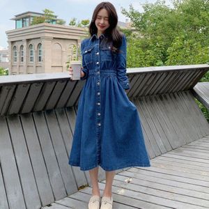 Vgh Elegante Denim Jurk Voor Vrouwen Revers Lange Mouwen Hoge Taille Koreaanse Versie Plus Size Jurken Vrouwelijke kleding