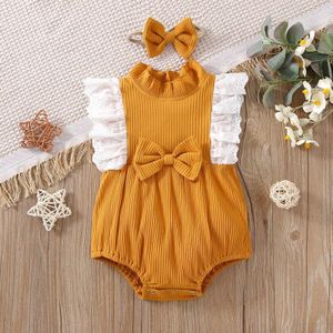 Peuter Baby Meisjes Leuke Jumpsuits Verstoorde Mouwen Korte Gebreide Romper Baby Mouwloos Bodysuit + Hoofdband 2 Stuks Kleding Set