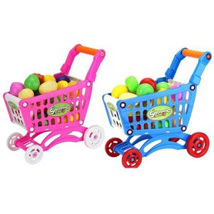 2 Set Kids Simulatie Supermarkt Winkelwagentje Mini Trolley Met Fruit Groente-Blauw & Roze