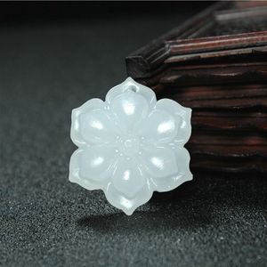 Natuurlijke Witte Jade Bloem Hanger Ketting Chinese Hand-Gesneden Charm Sieraden Mode Accessoires Amulet Voor Mannen Vrouwen
