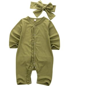 0-12M Peuter Baby Meisje Rompertjes Hoofdband 2 Stuks Lange Mouw Katoen Romper Jumpsuit Sunsuit Outfit