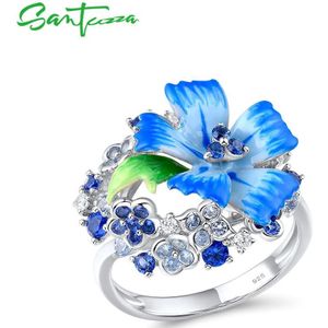 Santuzza Zilveren Ringen Voor Vrouwen Echt 925 Sterling Zilver Delicate Blauwe Bloem Trendy Fijne Sieraden Handgemaakte Emaille