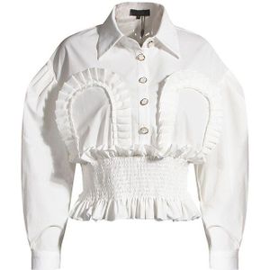 Twotwinstyle Vintage Patchwork Ruches Tops Voor Vrouwen Revers Bladerdeeg Mouw Tuniek Elegante Shirt Femaele Herfst Mode Tij