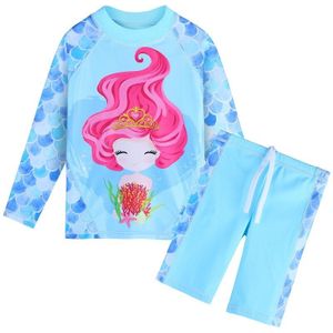 Baohulu Twee Stukken Meisjes Badpak Lange Mouwen Cartoon Meisje Print Lichtblauwe Kleur Rash Guard Kinderen Badpak Badmode