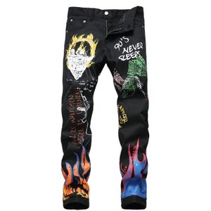 Mannen Mode Letters Flame Black Gedrukt Jeans Slanke Rechte Gekleurde Geschilderd Stretch Broek