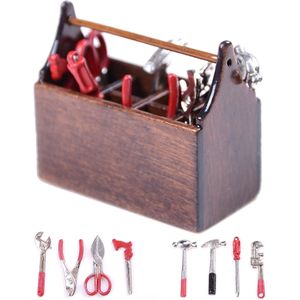 1/12 Dollhouse Miniatuur Houten Gereedschapskist Met Metalen Gereedschap Set Reparatie Kits Decoratie Voor Meubels Speelgoed Poppenhuis Accessoires