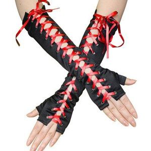 Vrouwen Satijn Lange Elbow Vingerloze Mouw Handschoenen Kleurrijke Bandage Wrap Band Oogjes Lolita Harajuku Punk Rock Stage Sexy Guantes