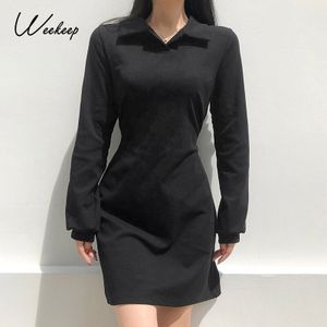 Weekeep Herfst Vrouwelijke Skinny Mini Jurken Streetwear Katoen Vrouwen Jurk Harajuku Casual Solid Bodycon Slim Party Kleding Zwart