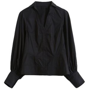 Xitao Wit Vintage Blouse Vrouwen Losse Mode Bladerdeeg Mouw V-hals Alle Match Herfst Zwart Shirt Godin DZL1473
