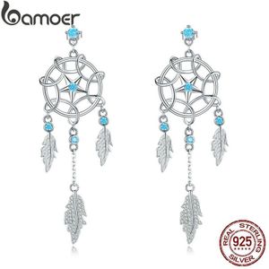 Bamoer Bohemen Dream Catcher Opknoping Dangle Oorbellen Voor Vrouwen Zomer Feather Oorbellen 925 Sterling Zilveren Sieraden BSE222