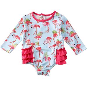 0-24M Peuter Kids Baby Meisjes Een Stuk Bikini Badmode Cartoon Print Ruches Lange Mouwen Romper Badmode