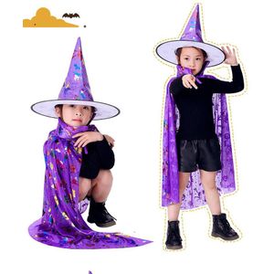 Kids Gelukkig kleurrijke Halloween prinses Kostuum Set Wizard Heks Mantel Cape Mantel en Hoed voor Jongen Meisje