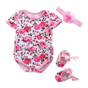 Peuter Meisje Korte Mouw Kleding Set Bloemen/Luipaard Romper + Schoenen + Haarband 3 Stks Outfits Zomer Zuigeling katoen Set Kleding