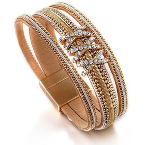 Flashbuy Gold Lederen Armbanden Voor Vrouwen Copper Alloy Chain Crystal X Vorm Strass Wrap Charm Armbanden Sieraden