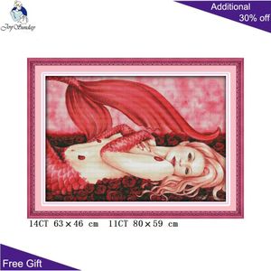 Vreugde Zondag Red Mermaid Handwerken R537 14CT 11CT Geteld en Gestempeld Home Decoratie Rode Mermaid Borduren Borduurpakketten