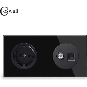 Coswall Crystal Gehard Glas Panel Eu Stopcontact + Vrouwelijke Tv Connector Met CAT5E RJ45 Computer Jack 172*86mm R11 Serie