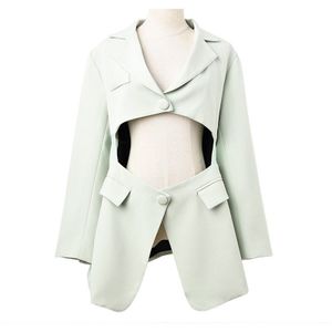 [Eam] Vrouwen Green Hollow Out Big Size Blazer Revers Lange Mouwen Losse Fit Jas Mode Tij Voorjaar herfst 1Y59306