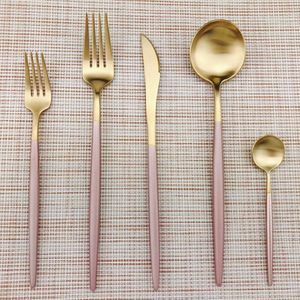 Black White Pink Golden Stainless Steel Flatware Cutlery Set Dinner Knives Dessert Salad Forks Round Scoops Dinnerware Set 5pcs