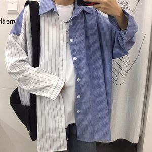 Colorblock Contrast Patchwork Streep Casual Oversized Streetwear Mannen Blouse Shirt Top Tee Lange Mouw Knop Japanse