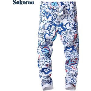Sokotoo mannen letters 3D gedrukt jeans Mode gekleurde blauw wit slim skinny denim broek