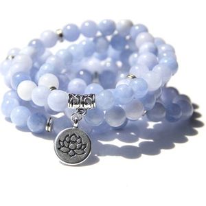 108 Mala Aquamarines Met Lotus Om Boeddha Charm Yoga Armband Of Ketting Voor Me Vrouwen Blauw Natuursteen Sieraden