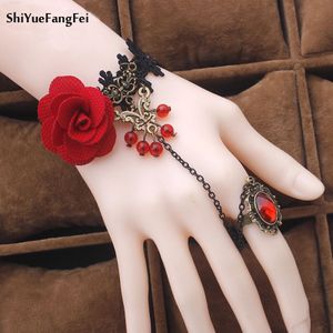 Mode-sieraden Red Rose Bloem Riet Temperament Van Kristal Lolita Kant Armband Met Ring Een Opisthenar Sieraden Armband