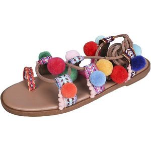 Bohemian Stijl Sky Blue Pom Pom Platte Sandalen Lace-Up Fringe Strand Jurk Schoenen Sweet Gemengde Kleur kwastje Slippers