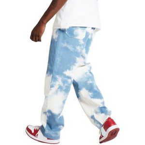 Mannen Casual Broek Losse Rechte Denim Broek Sky Blue Lange Broek Rechte Jeans Print Button Fly Volledige Lengte Hoge tie Dye