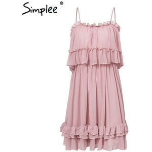 Simplee Elegante Off Shoulder Vrouwen Jurk Ruffle Strap Chiffon Zomer Jurken Casual Vrouwelijke Blauw Korte Vestidos