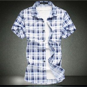 Mannen Shirts Hoge Plaid Mannen Korte Mouwen Oversized Shirt Bruin Blauw Plus Size M-4XL 5XL 6XL 7XL #3734