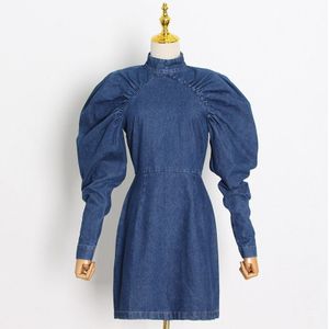 Vgh Blauwe Denim Jurk Voor Vrouwen Stand Collar Puff Lange Mouwen Hoge Taille Slanke Elegante Mini Jurken Vrouw Herfst