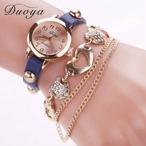 Duoya Horloges Vrouwen Luxe Rose Gouden Hart Lederen Horloges Dames Armband Chain Quartz Klok Kerstcadeau