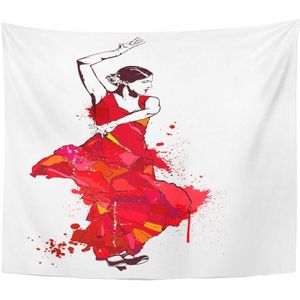 Kleurrijke Spanje Vintage Spaans Meisje In Rode Jurk Danst Flamenco Danser Lady Mensen Wandtapijten