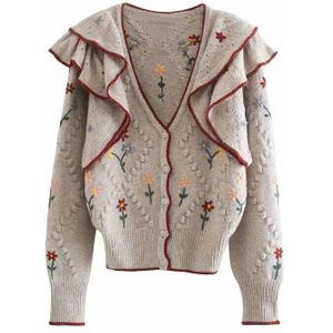 Za Herfst Geborduurd V-hals Gebreide Trui Dames Retro Verstoorde Lange Mouwen Vest Dames Casual Losse Trui