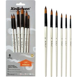 Ezone 6 Stuks Kwast Set Platte/Ronde/Schuin/Haak Lijn Borstels Aquarel Olieverf Beginner Art schrijven Pen Voor Schilder