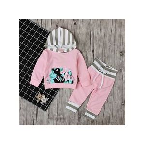 Lente Herfst Kinderkleding Set Baby Meisjes Roze Trui Hoodie Rozen Pocket Katoen Gestreepte Hoed Overalls Voor Pasgeboren Grils